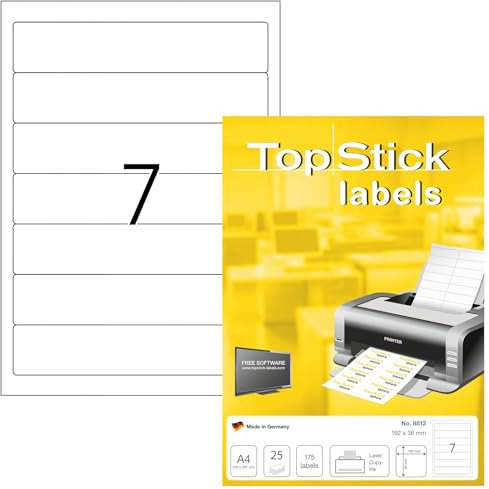 TopStick 8812 Ordnerrücken Etiketten kurz schmal, 25 Blatt, 192 x 38 mm, 7 pro A4 Bogen, 175 Stück, selbstklebend, bedruckbar, blickdicht, blanko Papier Ordneretiketten Rückenschilder Aufkleber, weiß