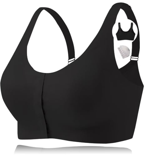 CYTMTZGA Seamless Front Closure Mastectomy Bra Surgical Bra Pocket Breast Prosthesis Breast Forms Bralette Daily Bra BL38/XL Black