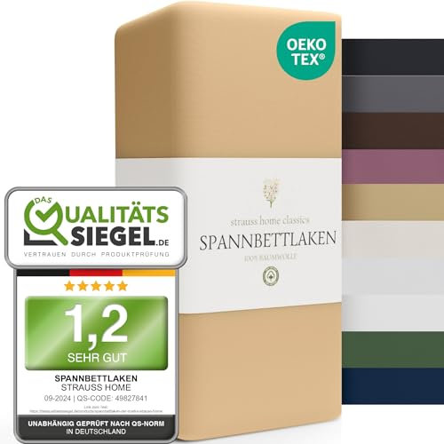 Strauss Home ® Jersey Spannbettlaken Spannbetttuch Bettlaken 100% Baumwolle 90x200-100x200 cm (Sand/Natur)