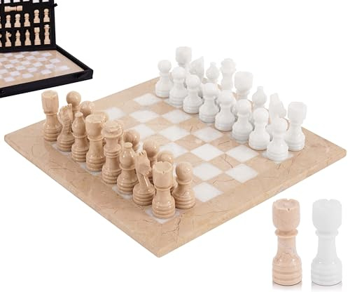 MARBLE RANGE Jeu d'échecs en marbre, Vérone et Blanc, Fait Main de 30 cm avec boîte, pièces et 2 Dames. Élégant Jeu de Voyage pour Adultes, idéal comme Cadeau ou décoration d'intérieur
