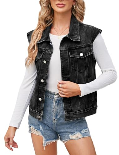 seiveini Chaqueta de Mezclilla Sin Mangas para Mujer Chaleco de Mezclilla Oversized con Botones Cuello Solapa Chaleco de Primavera y Verano de Color Sólido Streetwear E Negro XL