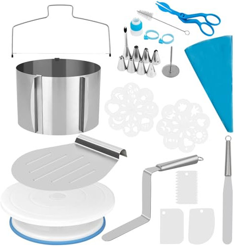 Fulasofia Torten Zubehör Set 40 Teile mit Tortenring Verstellbar Hoch 15cm, Tortensäge, Tortenheber, Tortenplatte Drehbar, Tortenschneider, Teigschaber, Spritztüllen Set, Tortenschablone