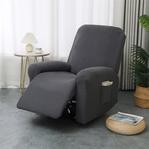 Hearda Funda Sillon Relax Reclinable, Jacquard Gris Oscuro Funda Sillon Relax 1 Plaza, Elástica 4 Piezas Funda para Sofá Reclinable con Bolsillos Laterales Extraíble