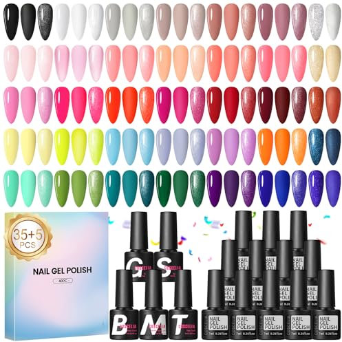 Coscelia 40 Piezas Pintauñas Semipermanentes, 35 Piezas Rojo Rosa Verde Blanco Colores Esmaltes Semipermanentes para Uñas con 5pcs Base Top Coat Brillante y Mate, Nail Art Manicure Regalo