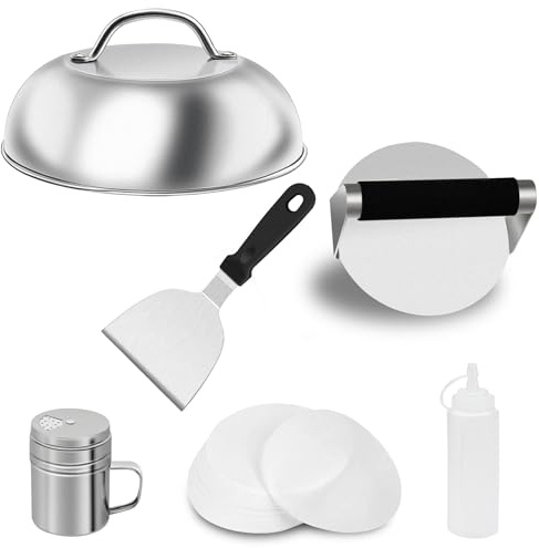 Qcdou Smash Hamburger Press, kit di 6 accessori per piastra con parte superiore piatta, con pressa per hamburger, pinna per hamburger, cupola di fusione del formaggio da 22,8 cm, 200 dischi di cera