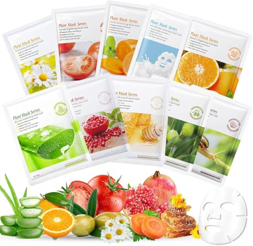 Ledeak 10 Pièces Masque Visage, 10 Types Masques en Feuille Bio Collagene, Masque Visage Bio Fruit, Masques Tissus Hydratant Nourrissants, Vitamine C Face Mask, Produit Skin Care Coréenne pour Femme