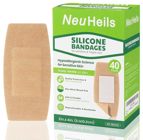 NeuHeils Silicone Bandages for Sensitive Skin, Large 2x4 Inch (40 Count) | Hypoallergenic & Waterproof Wound Care | Pain-Free Removal, Non-Stick Pad, Gentle for Fragile Skin