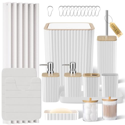 XLHOMO Bathroom Set - 25PC White Bathroom Set with Shower Curtain and Rugs, Bathroom Accessories Set, White Shower Curtain Set with Bathroom Trash Can