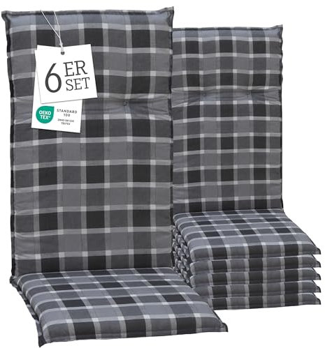 Beo® Hochlehner Gartenstuhlauflagen 6er Set | Waschbar | Made in EU | Öko-Tex Standard | Atmungsaktive Sitzkissen Outdoor | Kariert grau/anthrazit | UV-beständig