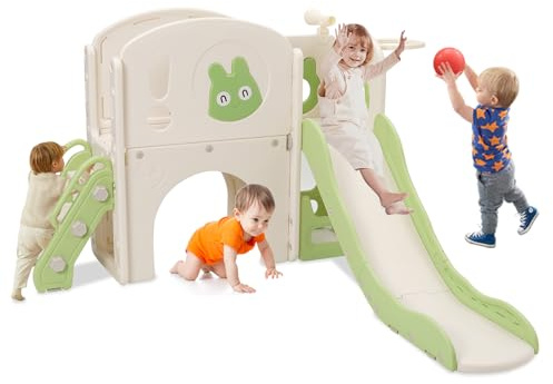Tobogán infantil con estructura de escalada, tobogán infantil 6 en 1 con telescopio, canasta de baloncesto, pasarela, parque infantil, longitud del tobogán 160 cm (verde)