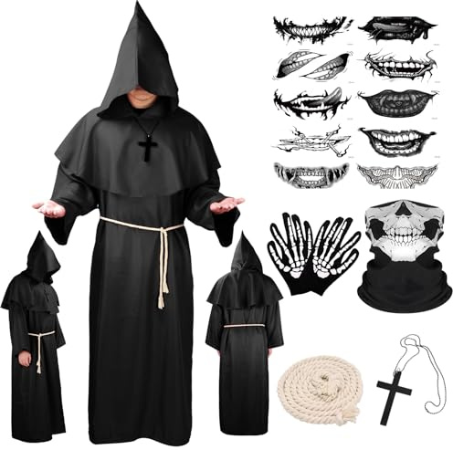 BITOYO Disfraz de Monje Sacerdote Túnica Medieval Renacimiento Traje Disfraz Cura Túnica de Monje con Capucha Cuerda de Cintura Collar de Cruz Guantes y Máscara para Halloween Carnaval (Negro, XL)