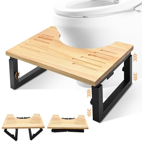 YTACREA Taburete Inodoro Plegable de Madera, Taburete Baño Altura Ajustable con Soporte de Metal, Escalón Plegable WC con Almohadilla Antideslizant, Contra Estreñimiento