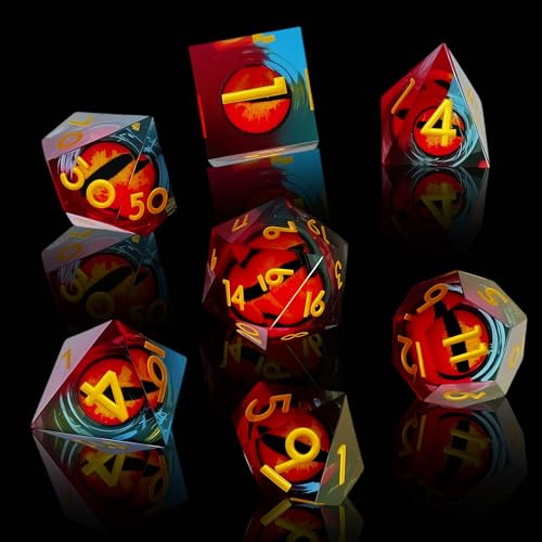Lot de 7 dés DND Dragon Eye, donjons et dragons, avec coffret cadeau - Idéal pour les jeux de rôle (Bleu/rouge)