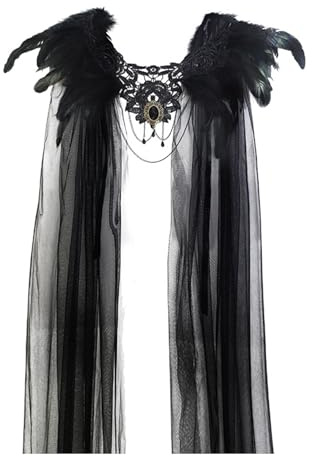 JINQIGG Gotik - Coprispalle con piume, collo in pizzo, scialle con piume, scialle da spalla, per Halloween, cosplay, costume, sciarpa, top gotico con piume, scialle per spalle, Nero , Taglia unica