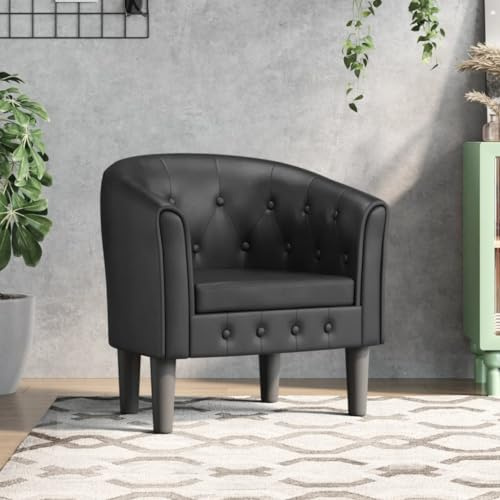 Holamys Clubsessel Schwarz Kunstleder, Modernes Design mit Knopfheftung, Robuster Kiefernholzrahmen, Bequemer Loungesessel für Wohnzimmer, Schlafzimmer, Büro, 70x56x68cm