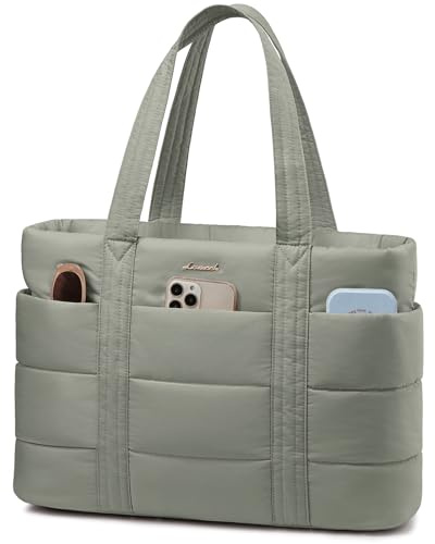 LOVEVOOK Tote Bags for Women, Large Lightweight Puffer 17.3 Inch Laptop Tote Bag with Compartment, Quilted Work Handbag for Teacher Uni Shoulder Bag University College School Shopping Travel, Green