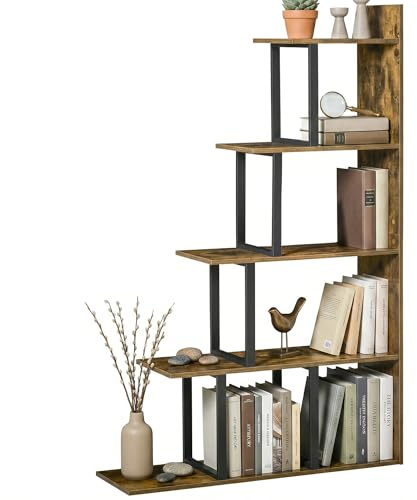 HOMCOM Industrial Bookcase 5-Tier Wooden Ladder Bookshelf Display Stand Organiser for Living Room Indoor Corner Shelf, Rustic Brown