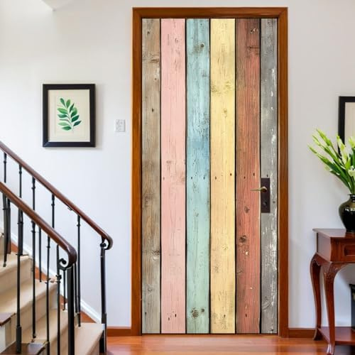 Adesivi per Porte Interne Porta in legno a righe in stile retrò 83 x 210 cm Carta da Parati Porta Autoadesiva PVC Impermeabile colore Poster Murale Decor Rimovibile per Soggiorno Camera Bagno