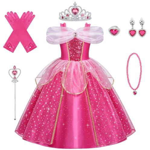 URAQT Flicka prinsessklänning, 7 st rosa röd spets prinsessklänning