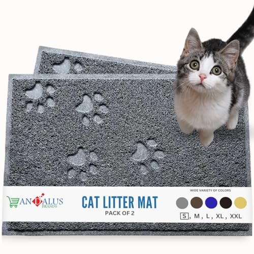 Andalus Small Cat Litter Mat, Pack of 2 - Waterproof, Non-Slip & Easy to Clean Cat Litter Box Mat for Extra Efficient Pet Litter-Trapping, Grey (15.75” X 11.75”)