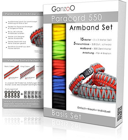 Ganzoo Paracord 550 Armband Set selbst knüpfen, Bastelset, Knüpfset, DIY Bracelet mit Klickverschlüssen und Anleitung, Lanyard, Armband selber Machen aus Parachute Cord, Farbe: Primary