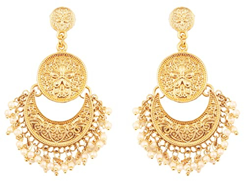 Touchstone Finamente martilladas y en relieve tradicionales perlas de imitación mirada encantadora colgando chand baali con motivos de media luna aretes de joyería de diseño para mujer Oro-1