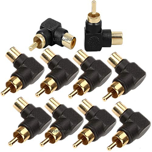 RCA Male to RCA Female 90 Degree Right Angle Plug Adapters M/F Gold-Plated Connector Converter Audio AV RCA Plug Extender Black, Pack of 10,By Ltsstoreuk (black)
