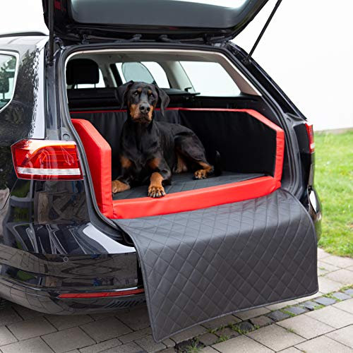 Hundebox Auto Kofferraumschutz Hund mit ladekantenschutz Kofferraum【Mit Tasche】 Kofferraum schutzmatte herausnehmbar - Hunde Autositz Wasserabweisend, hundetransportbox 70x55x38cm Rot/Schwarz