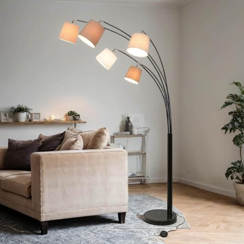 Licht-Erlebnisse Stehleuchte Design LEVELS mit farbigen Stoff Schirmen 5-flammig E14 Schalter für Schlafzimmer Wohnzimmer Stehlampe Innen Bogenlampe Standleuchte