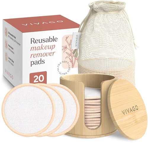 VIVAGO Reusable Cotton Rounds for Face - (20 Pack) Soft Reusable Makeup Remover Pads with Washable Drawstring Laundry Bag & Bamboo Holder - All Skin Type Skincare Set Facial Cleaning Cloth