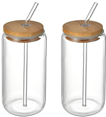 Plcnn SMLJFO Vasos para beber con tapas de bambú y pajita de vidrio, 580ml, 2 unidades, con forma de lata, vasos de café helado, para el hogar, fiesta, cóctel, whisky, vino