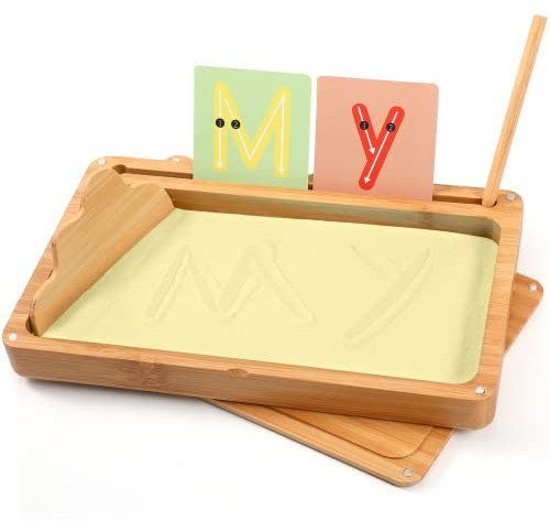 Montessori Plateau à sable pour l'entraînement précoce des lettres et des signes Jouet en bois Montessori Table à sable Jouet éducatif pour le développement moteur précoce chez les enfants (jaune)
