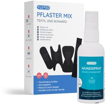 Pflaster Mix Set in Textil schwarz 50 Stk + Wundspray in 75 ml Sprühflasche, Pflasterbox mit Pflastern, Wundreinigungsspray