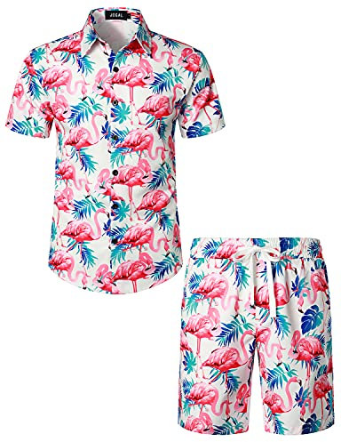 JOGAL Herren Hawaii Hemd Männer Flamingo Kurzarmhemd und Kurze Hose Set Strand Outfit Sommerhemd Für Mann Blau Blatt Flamingo Klein