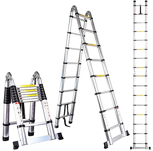EGTink 5,0 m(2.5+2.5m) Teleskopleiter Aluminium, Tragbare Mehrzweckleiter mit Rutschfester Gummifüßen, Max Belastung 150 kg, EN131