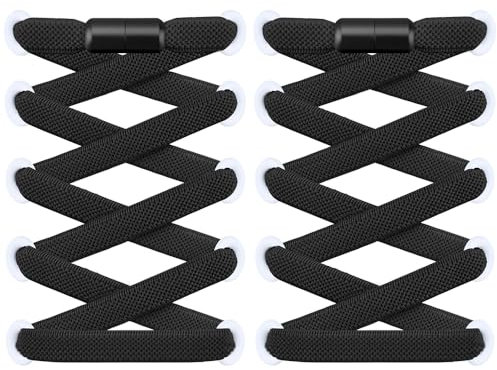RJ-Sport 2 Paar flache Schnürsenkel ohne Binden - Elastische Schnürsenkel mit Schnellverschluss - Schnellschnürsystem für Einzigartigen Komfort und Starken Halt - mit Metallkapseln (Schwarz)