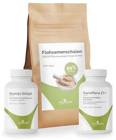 VitaCare 8-Wochen-Darmkur, Darmsanierung, Darmreinigung effektiv & schonend, mit Mumijo Shilajit Extrakt, Präbiotikum Darmflora 21+ & Flohsamenschalen