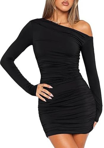 Mayoii Mini Dress Off Shoulder Solid Color Black Dress Sexy Bodycon Ruched Little Black Dress for Women Dinner Party Going Out (UK, Alpha, S, Regular, Regular, Black)