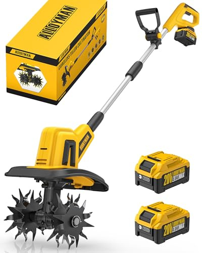 Alloyman 20V Cordless Tiller Cultivator, 360RPM Electric Garden Tiller, with 2 * 4.0Ah Batteries & Charger, 23cm Tilling Width and 16.8cm Depth Garden Rototiller for Lawn/Gardening/Soil Cultivation