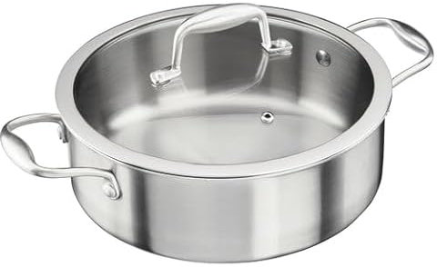 Cooks Professional Tri-Ply Saute Pan with Tempered Glass Lid & Helper Handle | 24cm Aluminum & Stainless-Steel Versatile Cooking Pan | Compatible with All Hobs Inc Induction & Oven Safe