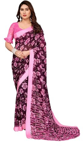 ETHNICMODE Indian Saree For Women Printed Georgette Light Weight Party Wear Wine Sari With Unstitched Pink Blouse Piece-1214