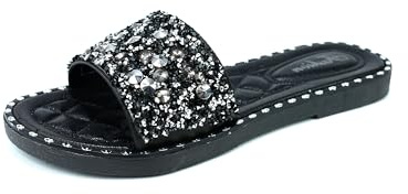 Air Foot Ladies Diamante Slip On Glitter Sliders Summer Comfortable Diamante Flat Beach Party Sandals UK Sizes 3-8