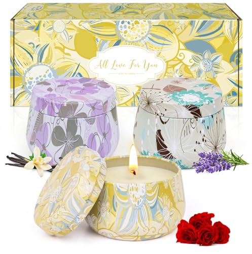 Velas Aromáticas,Regalos Originales para Mujer,Perfectas para Navidad | 3 Vela Perfumadas para Abba de Estrés | Rosa, Lavanda, Vainilla | Vela de Cera de Soja,Larga Duración de Combustión