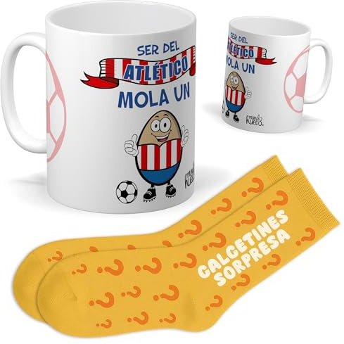 Set ser del Atlético | Taza ser del atlético mola un huevo + Calcetines Sorpresa | Regalo Original y Divertido para Hombre o Mujer | Cumpleaños, Navidad, Hinchas, Amigos y Celebraciones Futboleras