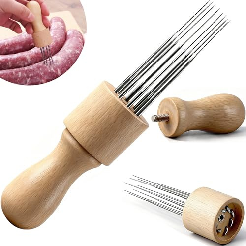 Runspich Wooden Handle Sausage Pricker Tool with 8 Needles, Detachable Casing Pricker for Natural Hog & Collagen Sausage Casings (1 Pack)