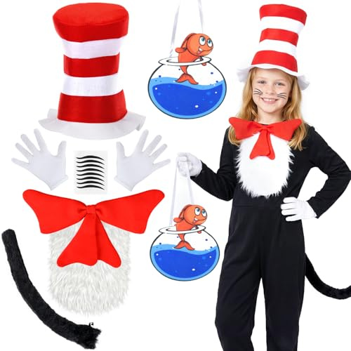 iZoeL Cat Costume Set Red & White Hat Bow Tie Tail Fake Fish Tank - Cat Character Outfit Cat Fancy Dress