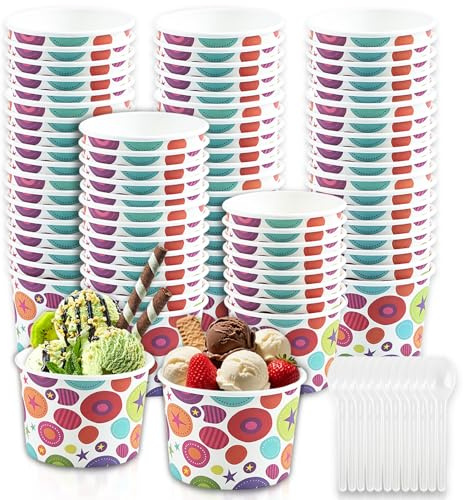 RosyFate Coppette Gelato, 50 Pezzi Coppe Gelato Carta con 50 Cucchiaio Gelato, Bicchieri Gelato Carta, per Torte, Dessert, Frutta, Zuppa, Snack (Stella Rotonda)