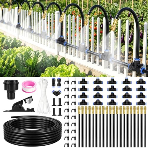 Rodison Sistema de Riego por Goteo para Jardín, Set de 20M/66FT, Sistema de Riego para Jardín, Riego por Goteo para Invernadero con 20 Boquillas de 360° Flexibles de Latón para Jardín, Invernadero