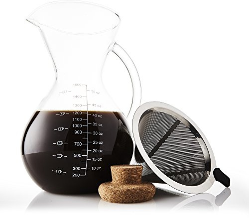 Apace Living ensemble cafetière pour-over avec mesure à café et bouchon en liège – Cafetière goutte-à-goutte élégante avec verseuse en verre et filtre permanent en acier inoxydable (1500 ml)