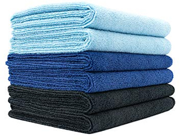 The Rag Company Microfiber Spa and Yoga Towel - Soft and Absorbent Towel for Gym, Spa, Exercise, Hotel, and Resort Use - Dries Fast - 16x27 inches - Light Blue, Royal Blue, Black, 6-Pack